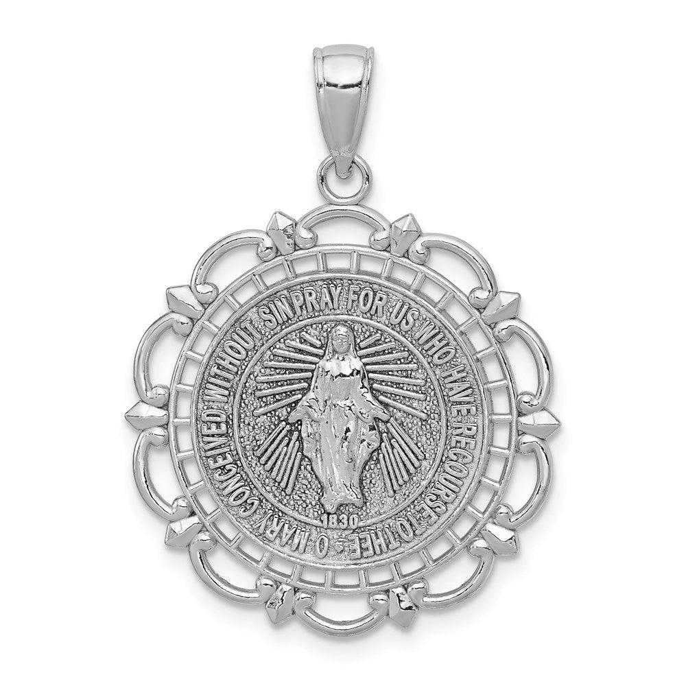 14K White Gold Miraculous Medal With Scallop Frame Pendant