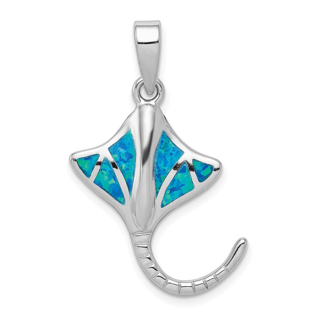 Sterling Silver Rhodium Created Blue Opal Manta Ray Pendant