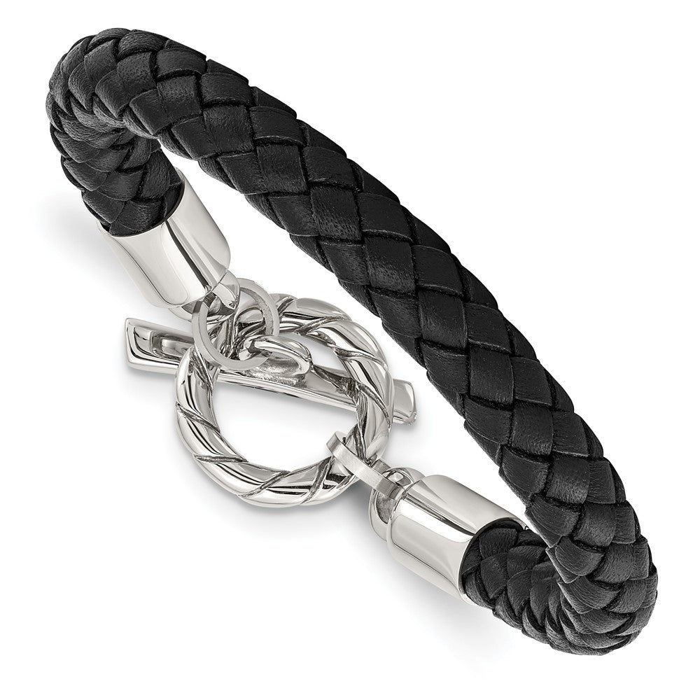 Stainless Steel and Black Braided Leather Bracelet