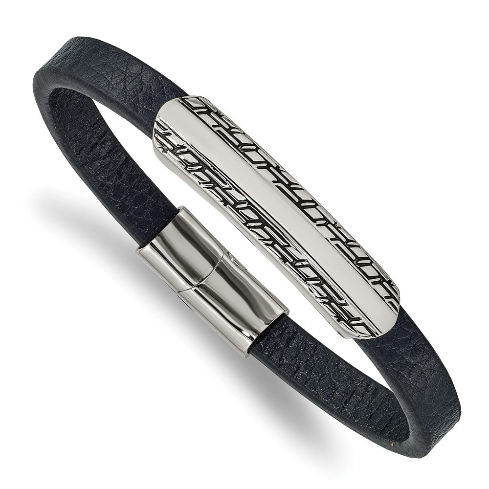 Chisel Stainless Steel Antiqued and Polished Navy Blue Leather 8.25 in