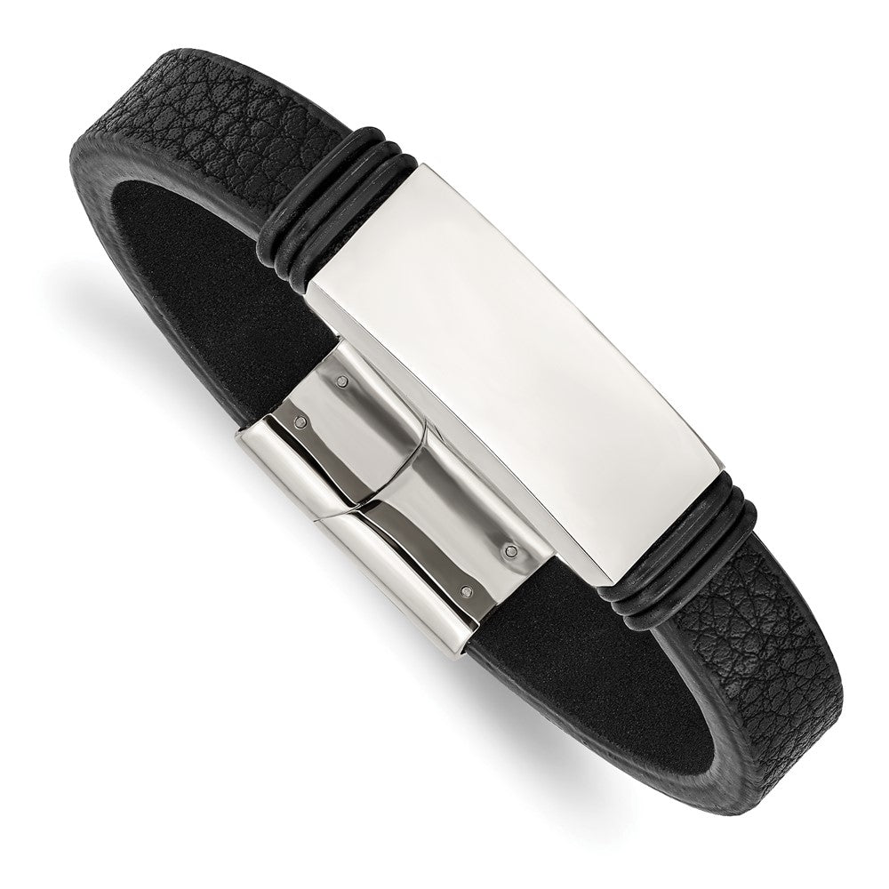 Chisel Stainless Steel Polished Black Leather with Black Rubber 8.5 inch ID  Bracelet