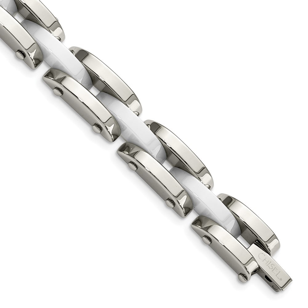 Chisel Stainless Steel Polished with White Ceramic 7.5 inch Link Bracelet