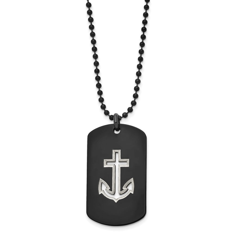 Chisel Stainless Steel Polished Black IP-plated Anchor Dog Tag on a 22 inch  Ball Chain Necklace