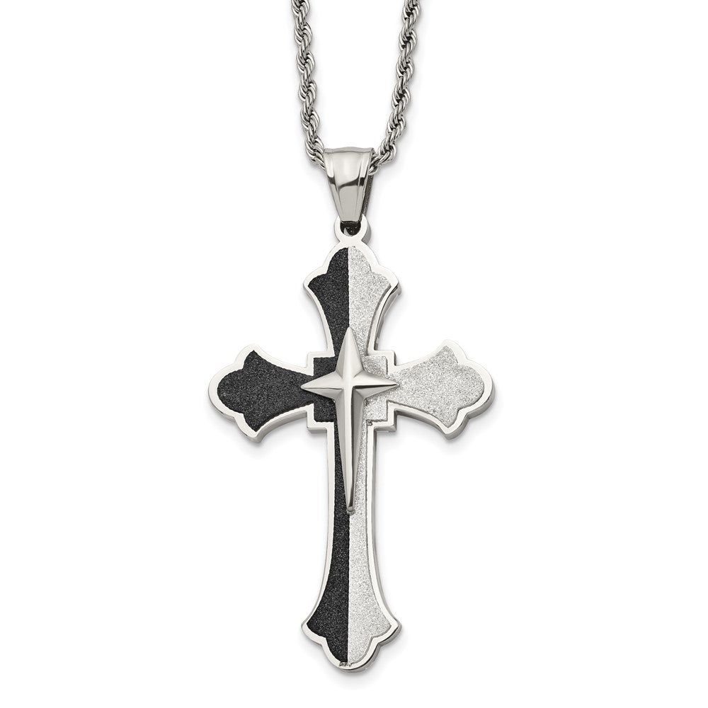 Chisel Stainless Steel Polished Black IP-plated Laser cut Cross Pendant on  a 24 inch Rope Chain Necklace