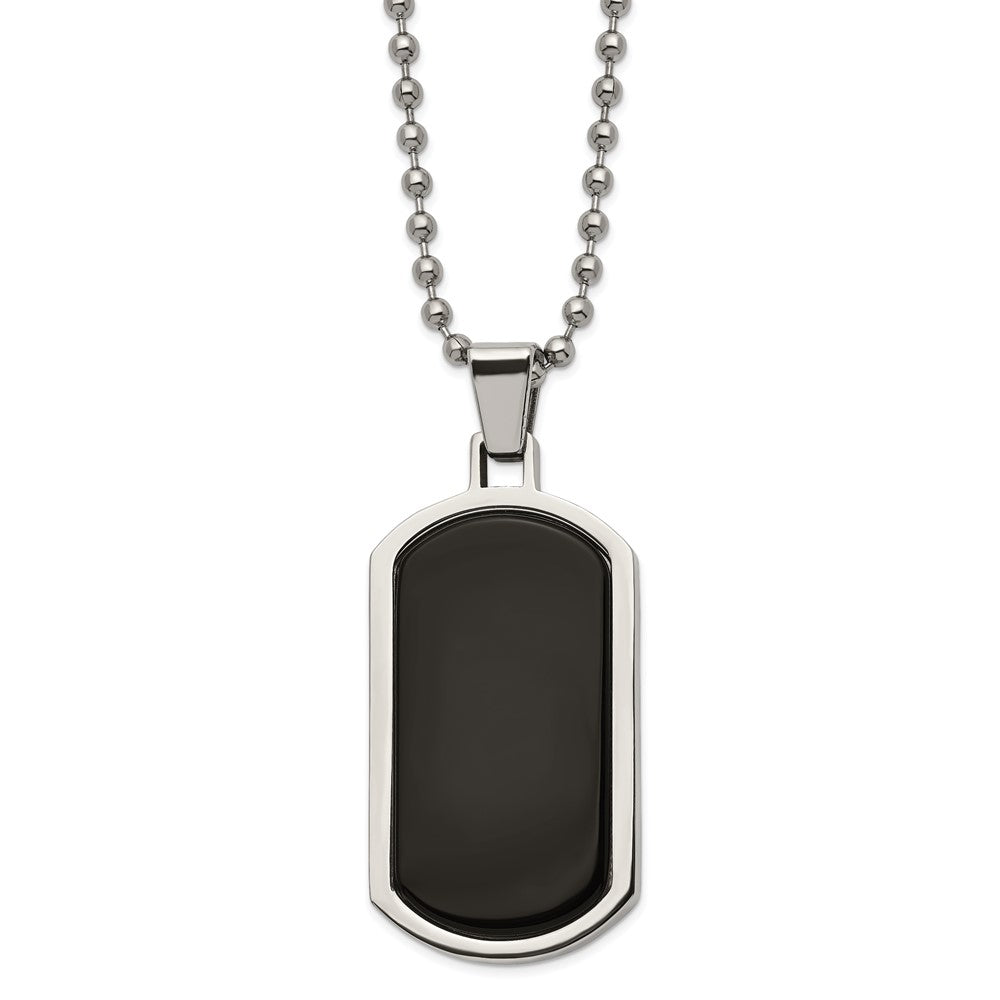 Stainless Steel Black Carbon Fiber Wood Inlay Reversible Dog Tag 22 inch Ball Chain Necklace