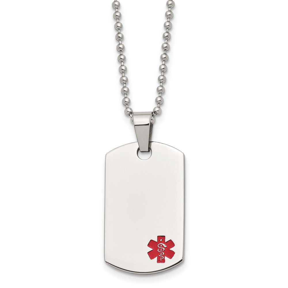 Chisel Stainless Steel Polished with Red Enamel Medical ID Dog Tag on a 24  inch Ball Chain Necklace