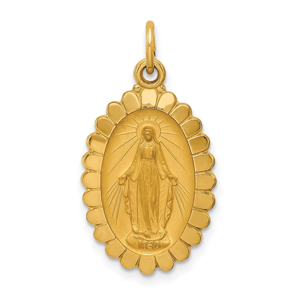 14k Yellow Gold Solid Polished/Satin Medium Oval Scalloped Miraculous Medal