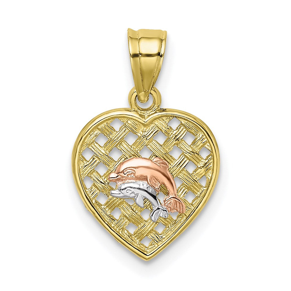 10K Tri-Color Double Dolphins On Woven Heart Charm 1