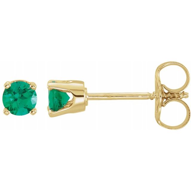 14K Yellow 3 mm Round Imitation Emerald Youth Birthstone Earrings 1