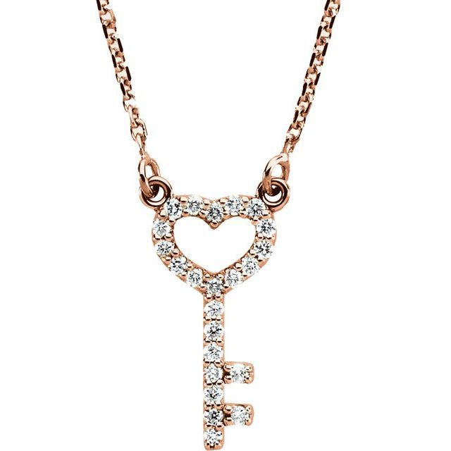 14K Rose 1/8 CTW Diamond Petite Heart Key 16.5" Necklace 1