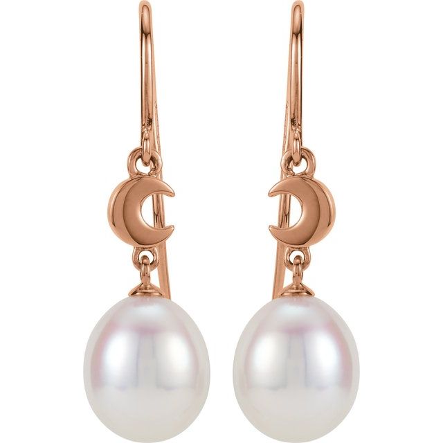 14K Rose Gold Cultured White Gold Freshwater Pearl Crescent Moon Earrings