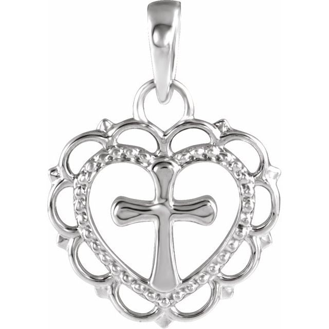 14K White Youth Heart with Cross Pendant 1