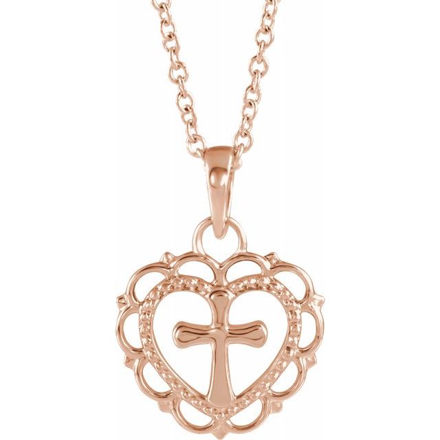 14K Rose Youth Heart with Cross 16-18" Necklace 1