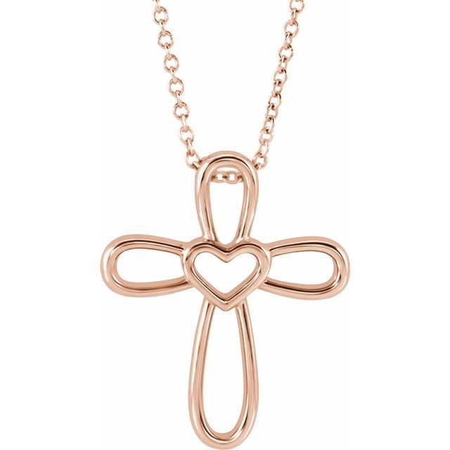 14K Rose Cross with Heart 16-18" Necklace 1