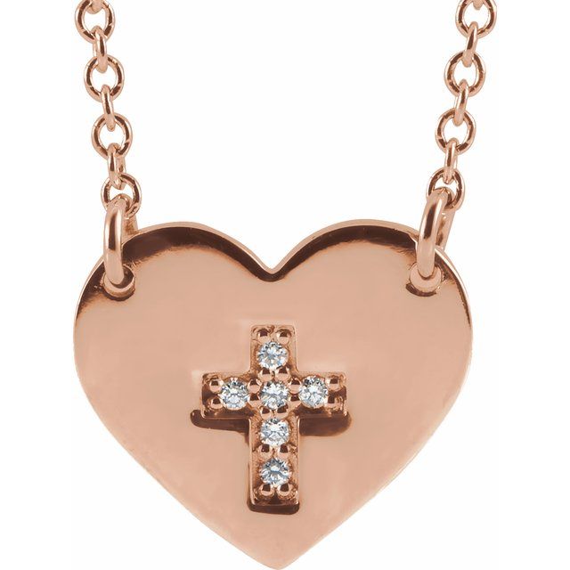 14K Rose .02 CTW Diamond Heart & Cross 16-18" Necklace 1