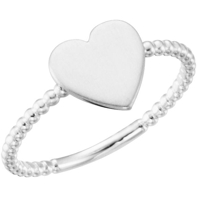 14K White Heart Engravable Beaded Ring 1