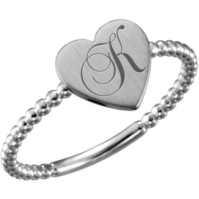 14K White Heart Engravable Beaded Ring 3