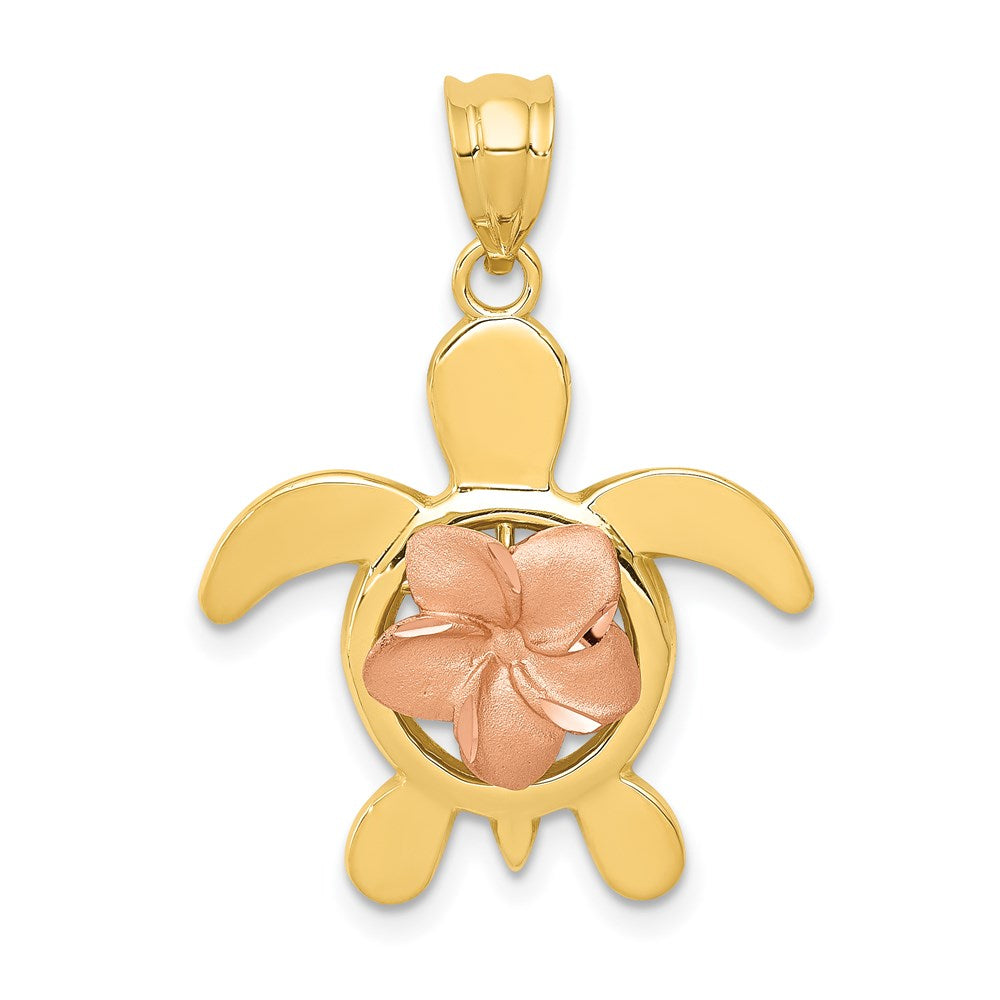 14k Two-tone Diamond-cut Rose Plumeria Turtle Pendant 1