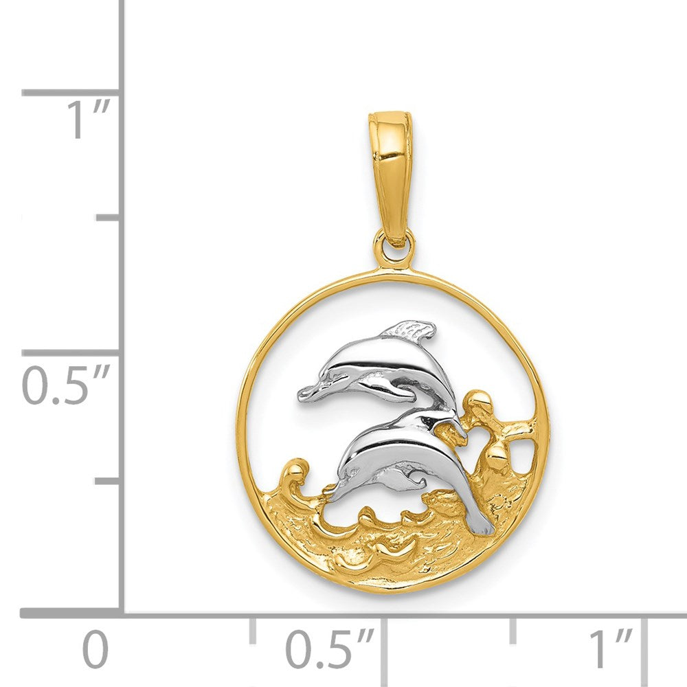 14K and Rhodium Double Dolphins In Circle Pendant 3