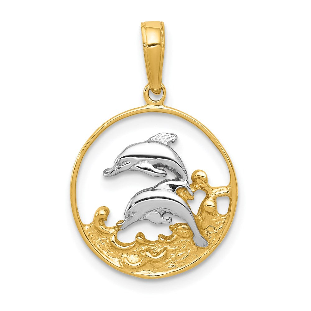 14K and Rhodium Double Dolphins In Circle Pendant 1