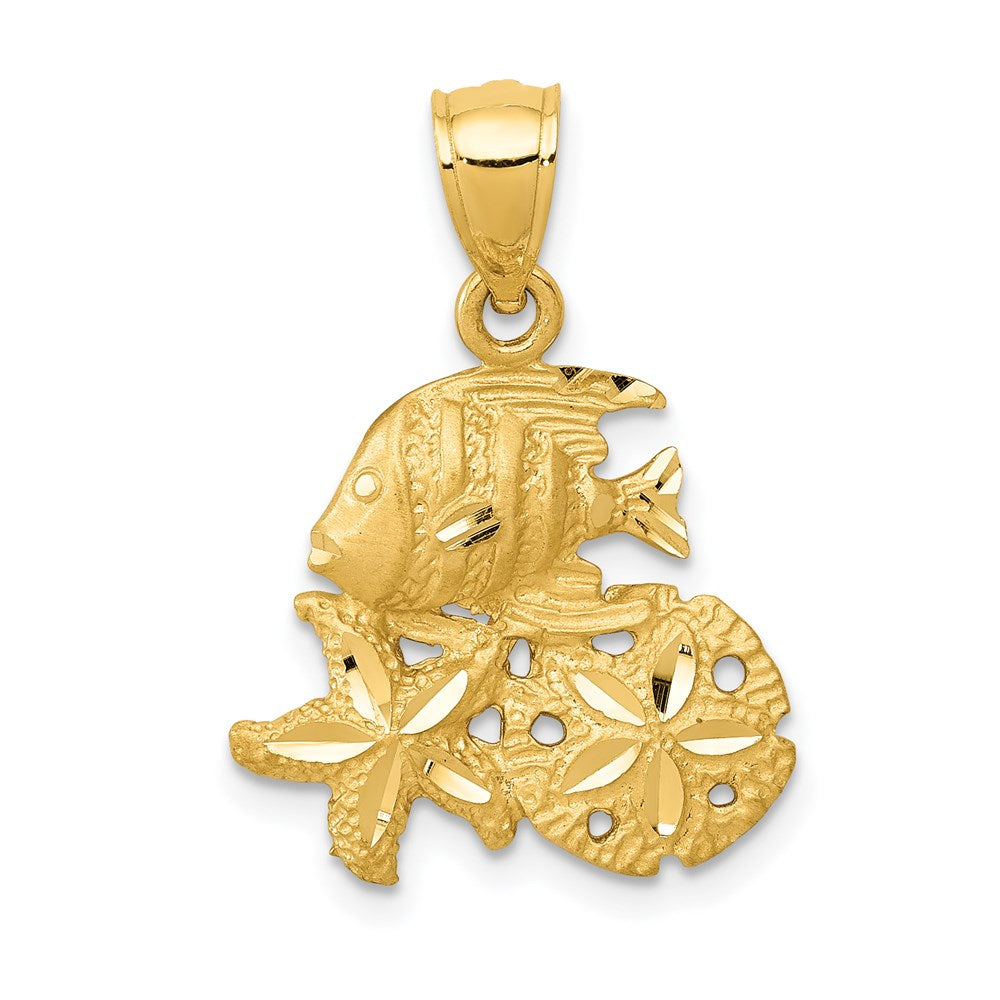 14k Satin Diamond-cut Fish, Starfish and Sand Dollar Pendant 1