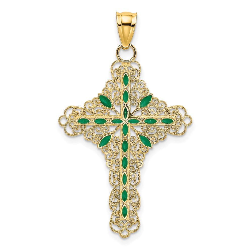 14K Green Enamel Filigree Cross Charm