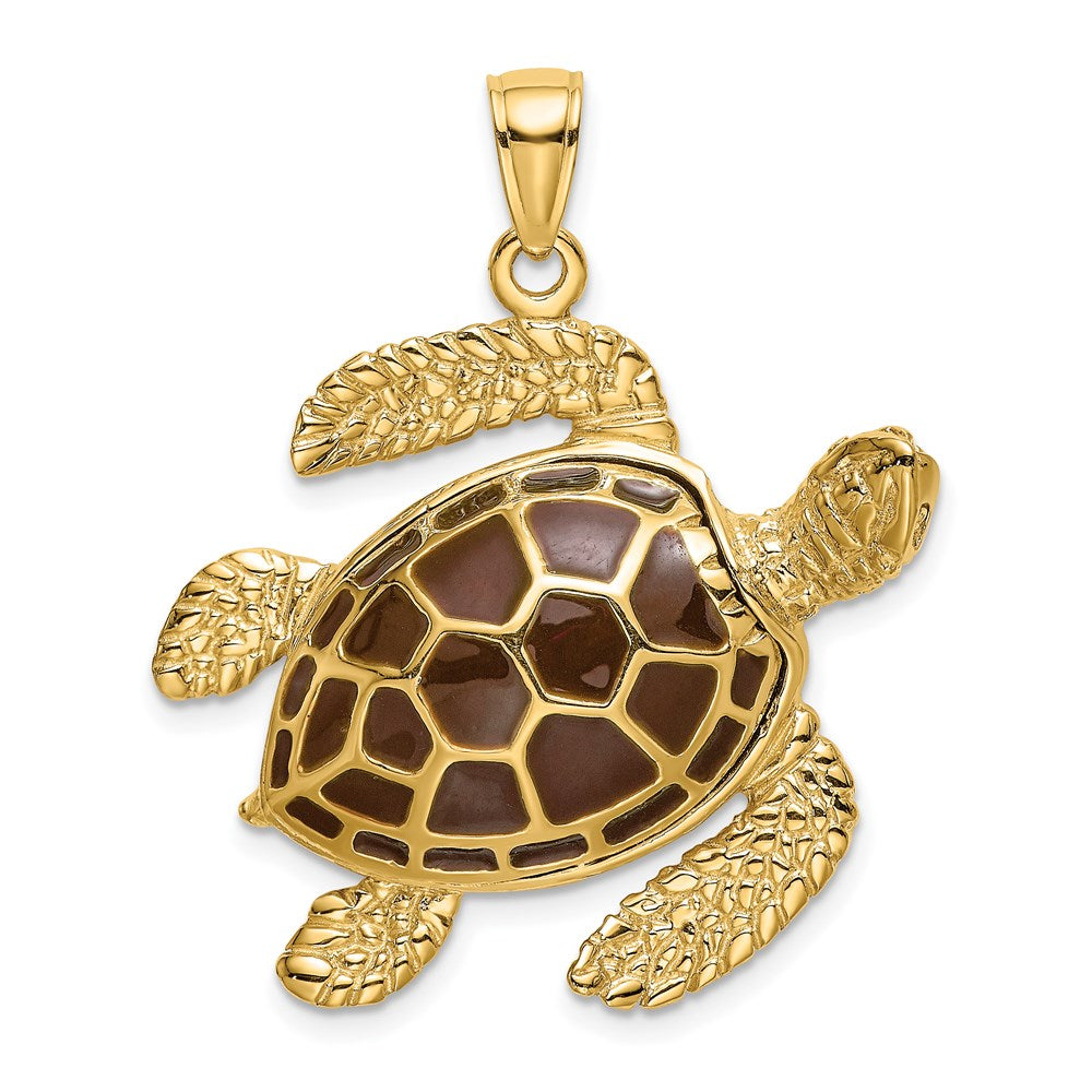 14K 3-D Brown Enamel Large Sea Turtle Charm 1