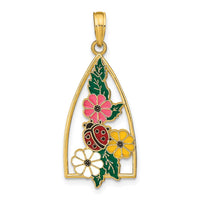 14K Enameled Ladybug and Flowers Triangle Pendant