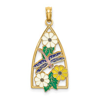 14K Enamel Dragonfly and Flowers Triangle Charm