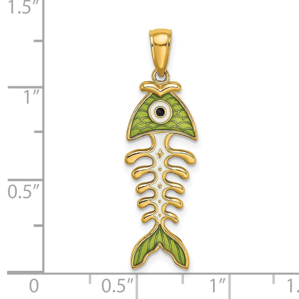 14k 3D  Green Enamel Fish Bone Charm 3