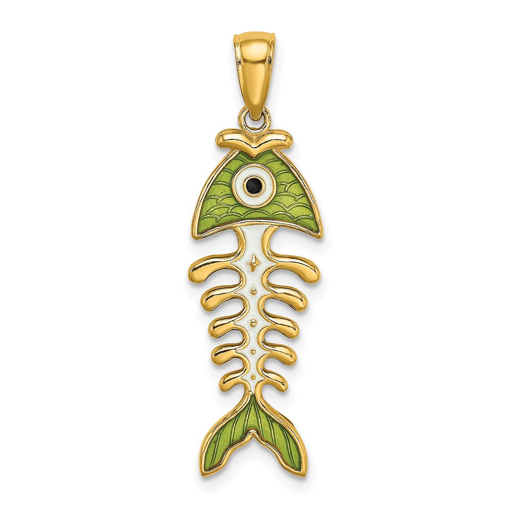 14k 3D  Green Enamel Fish Bone Charm 1