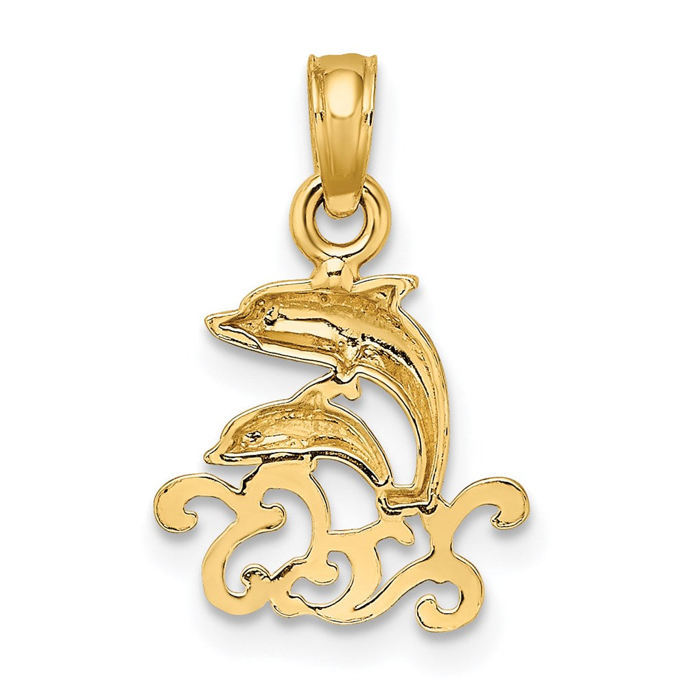 14K Textured Mini Double Dolphins and Waves Charm 4