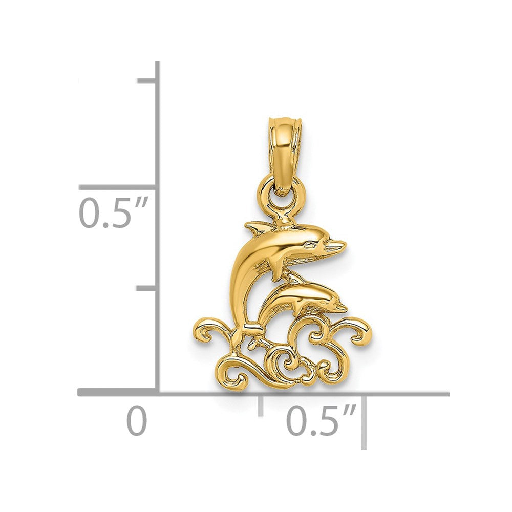 14K Textured Mini Double Dolphins and Waves Charm 3