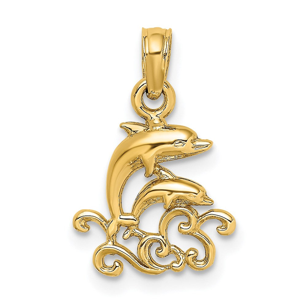 14K Textured Mini Double Dolphins and Waves Charm 1