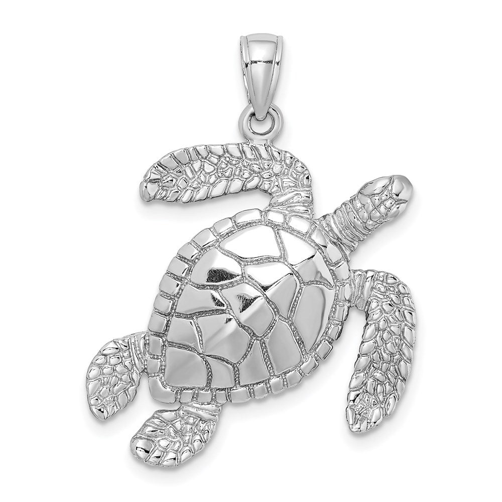 14K White Gold Large Textured Swimming Sea Turtle Charm 1