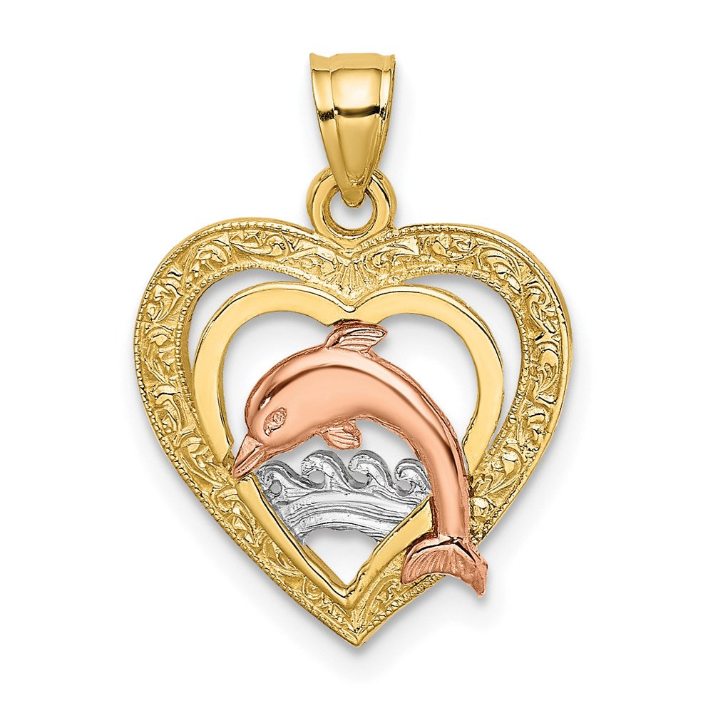 14K Two-tone w/White Rhodium Dolphin In Heart Charm 1