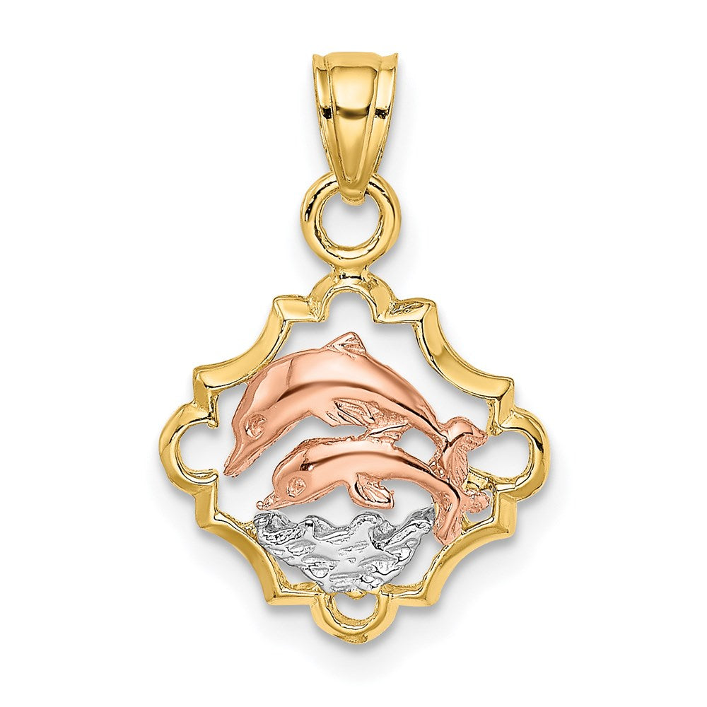 14k Two-tone with White Rhodium Double Dolphins In Frame Charm 1