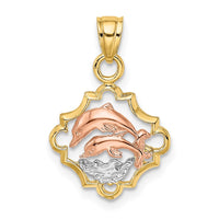 14k Two-tone with White Rhodium Double Dolphins In Frame Charm 1