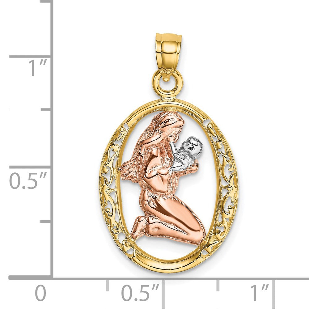 14k Two-tone WIth White Rhodium Mother and Baby In Oval Frame Charm