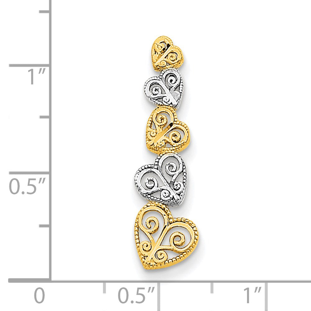 14K Two-tone Polished Filigree Vertical Hearts Chain Slide