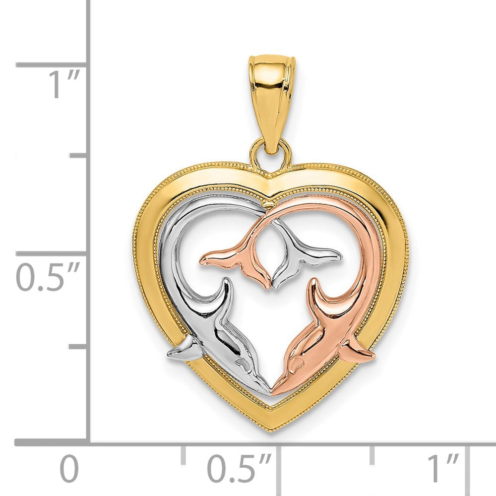 14K Two-Tone w/White Rhodium Dolphins In Heart Frame Charm 3