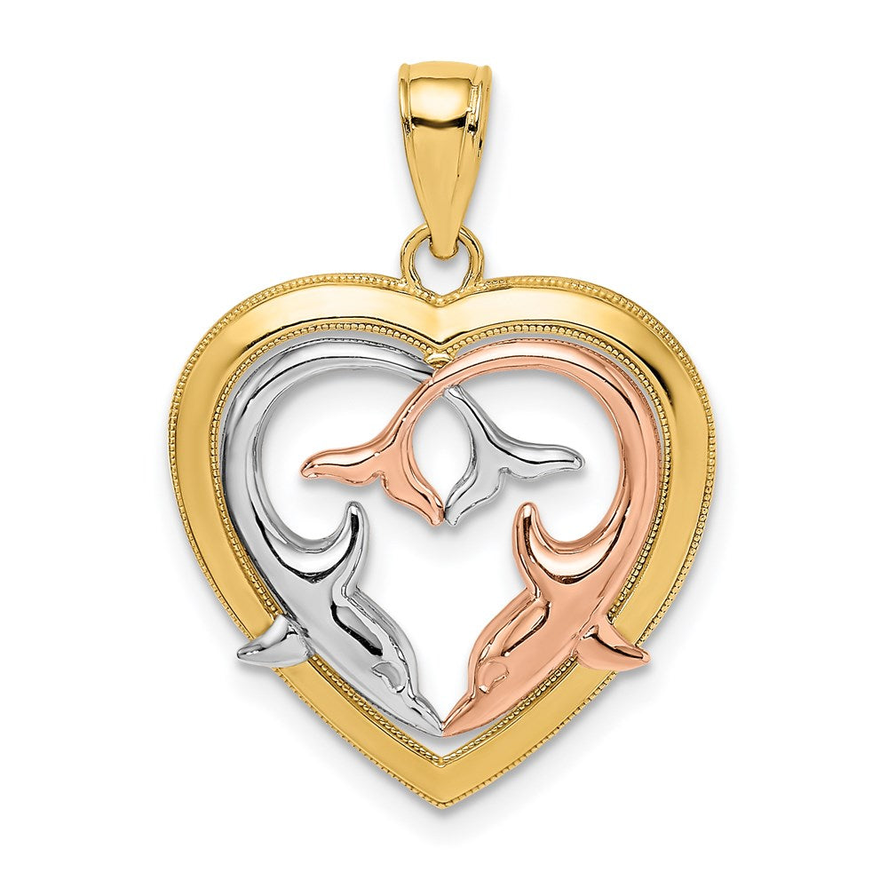 14K Two-Tone w/White Rhodium Dolphins In Heart Frame Charm 1