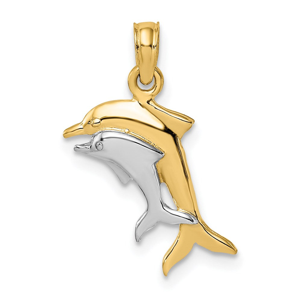 14K w/ Rhodium 2-D Polished Dolphins Charm 1