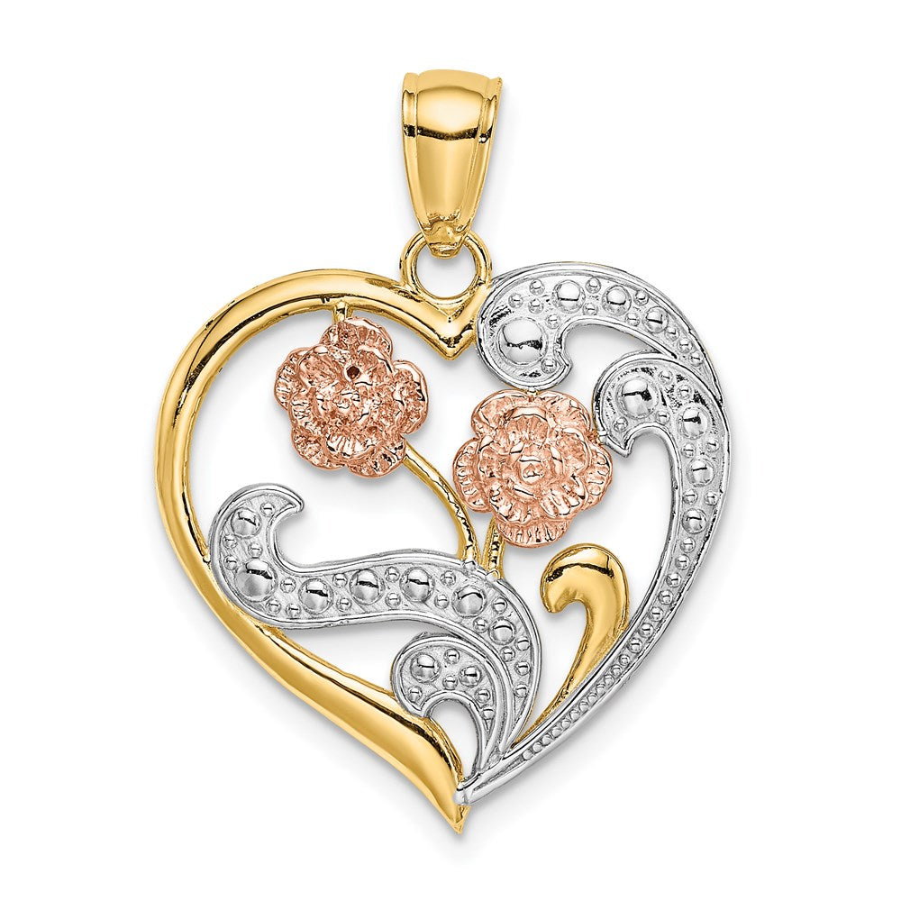 14k Two-Tone w/ White Rhodium Flower Heart Charm