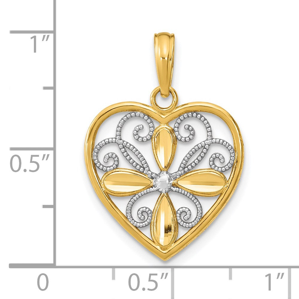 14k w/Rhodium Textured Filigree Heart Charm