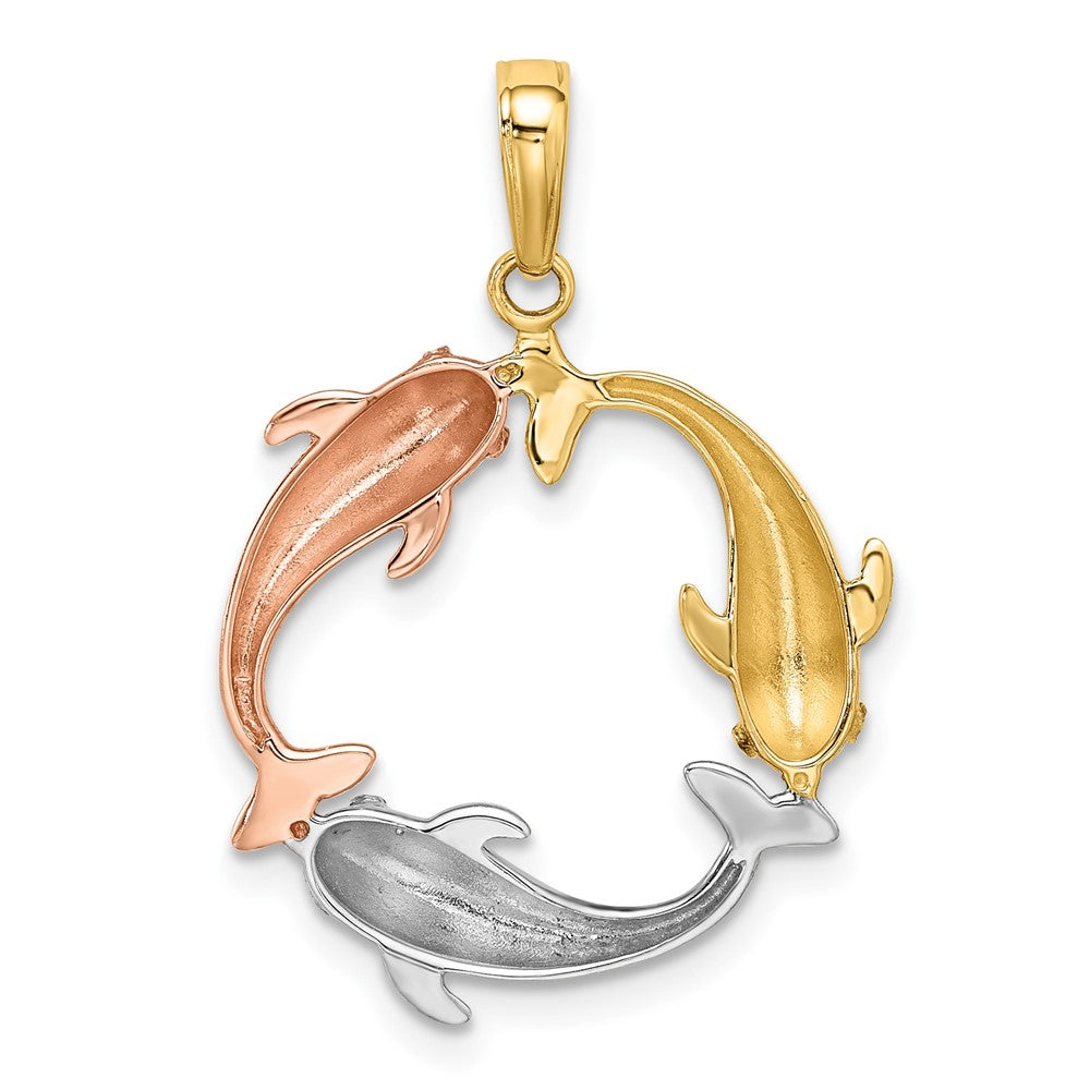 14k Tri-color Triple Dolphin Circle Pendant 3