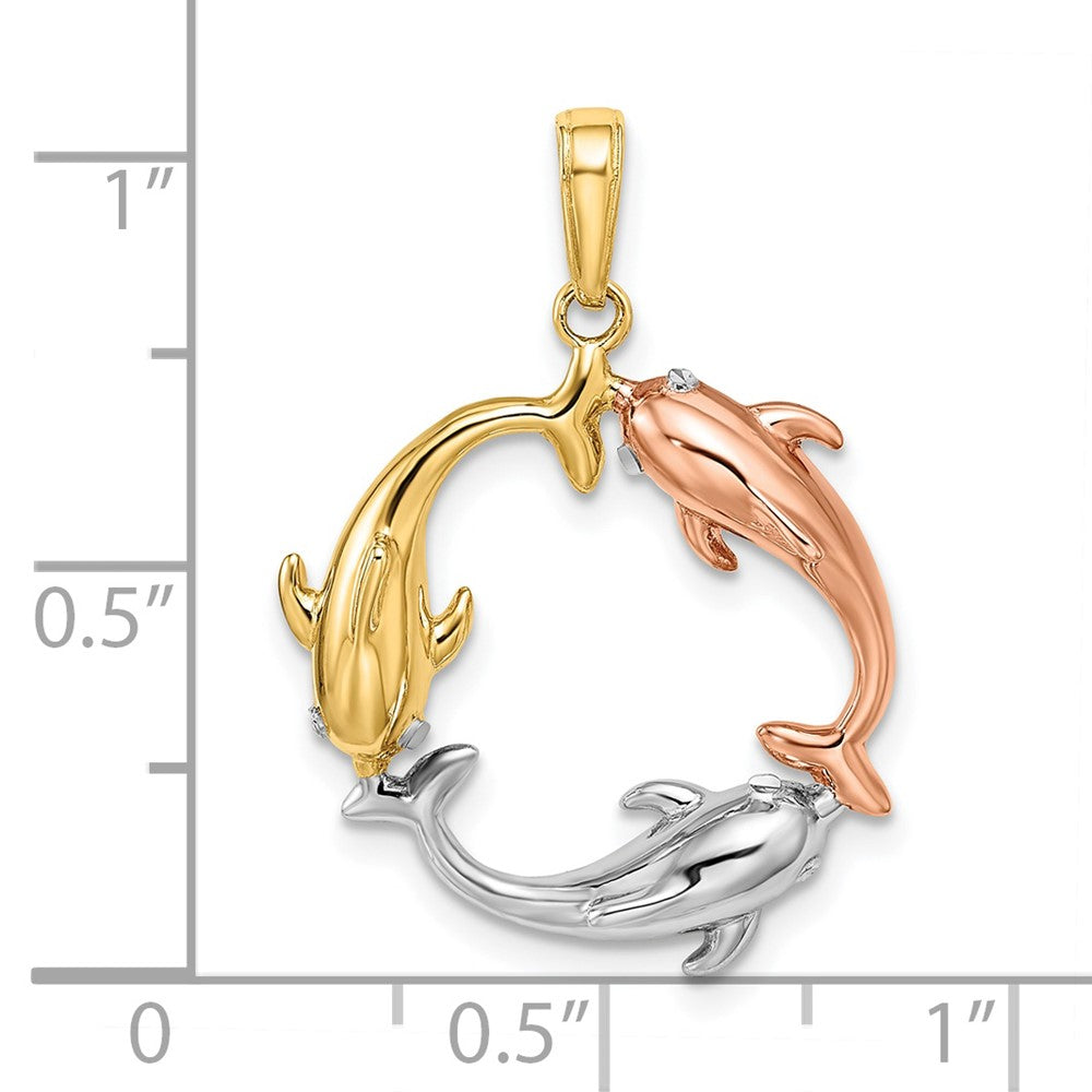 14k Tri-color Triple Dolphin Circle Pendant 4