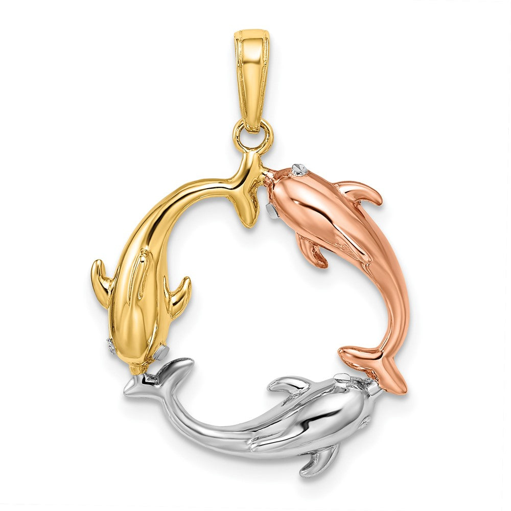 14k Tri-color Triple Dolphin Circle Pendant 1