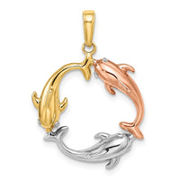 14k Tri-color Triple Dolphin Circle Pendant 1