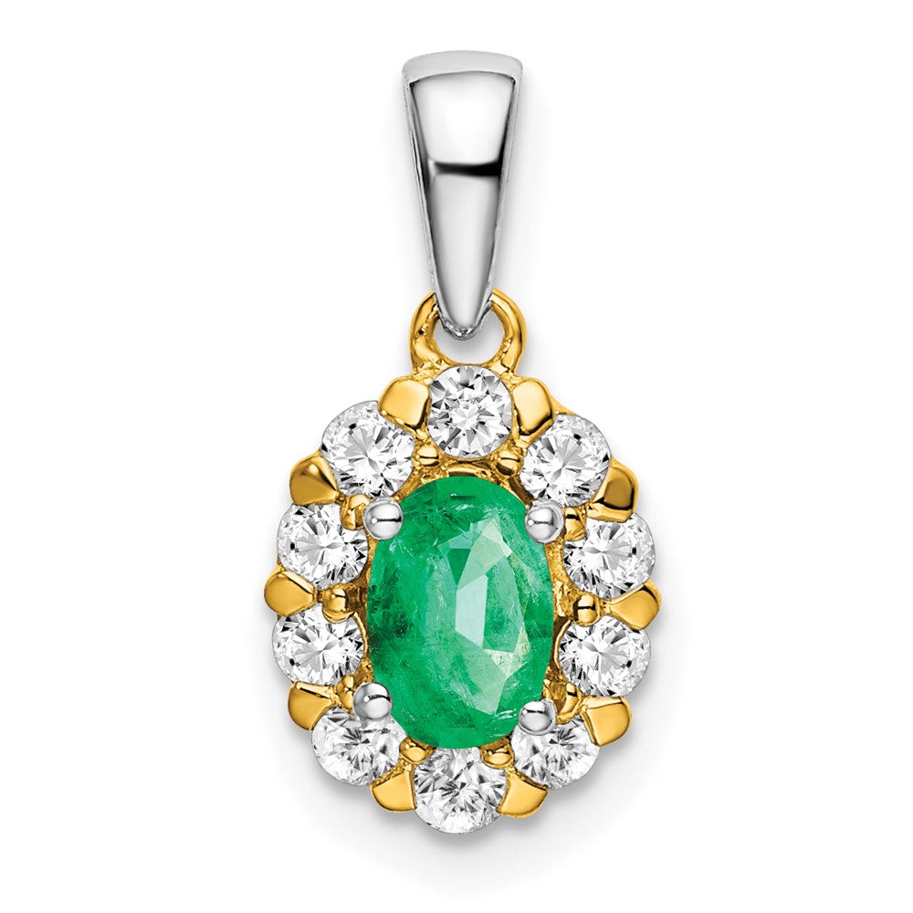 14k Two-tone Oval Emerald and Diamond Halo Pendant